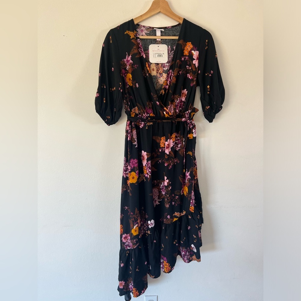Ingrid & Isabel Black Floral Tie Waist Bohemian Maternity Dress Size XS NWT